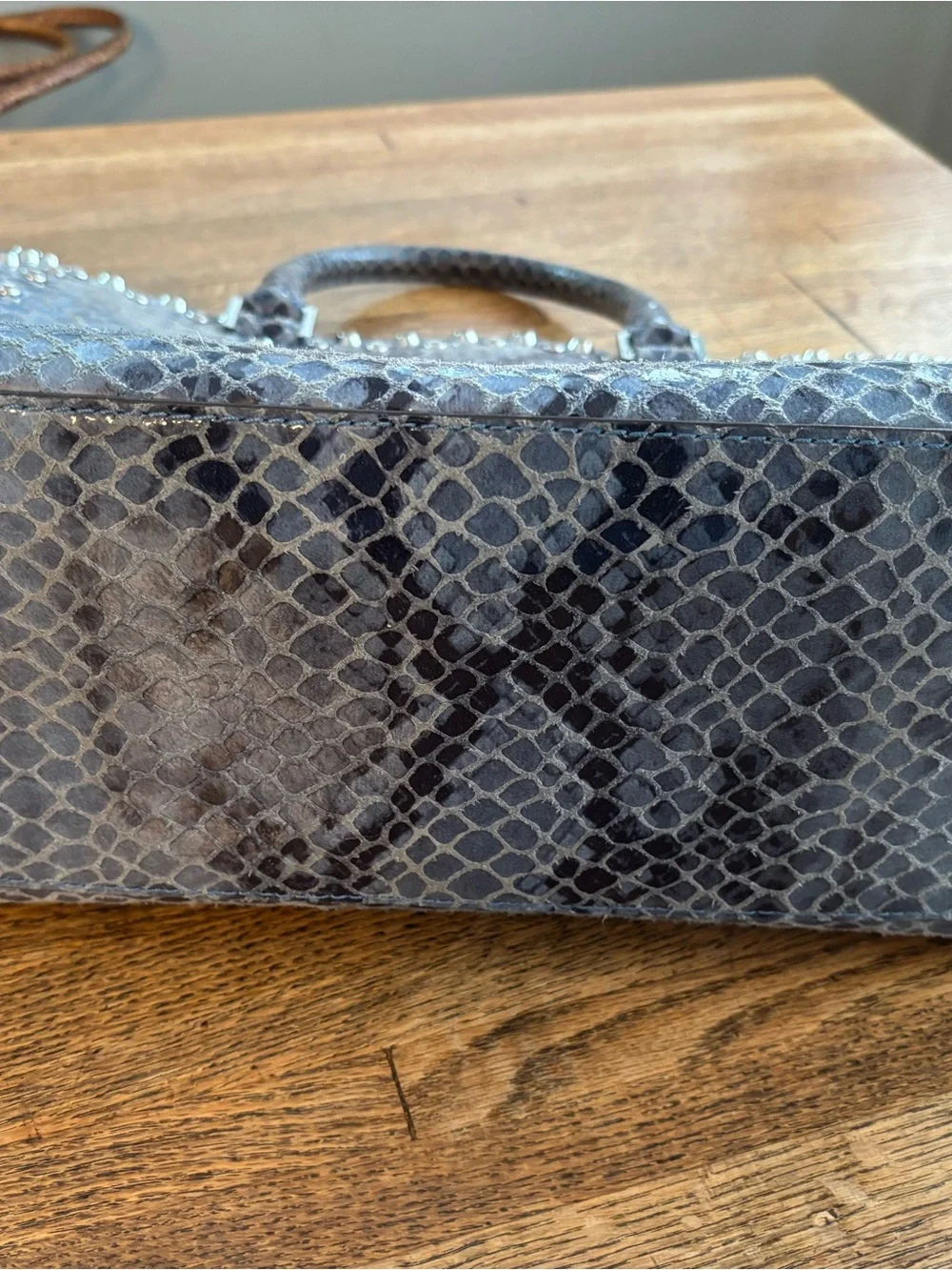 Michael Kors Snake-Embossed Jeweled Studded “Selma” Bag in Gray